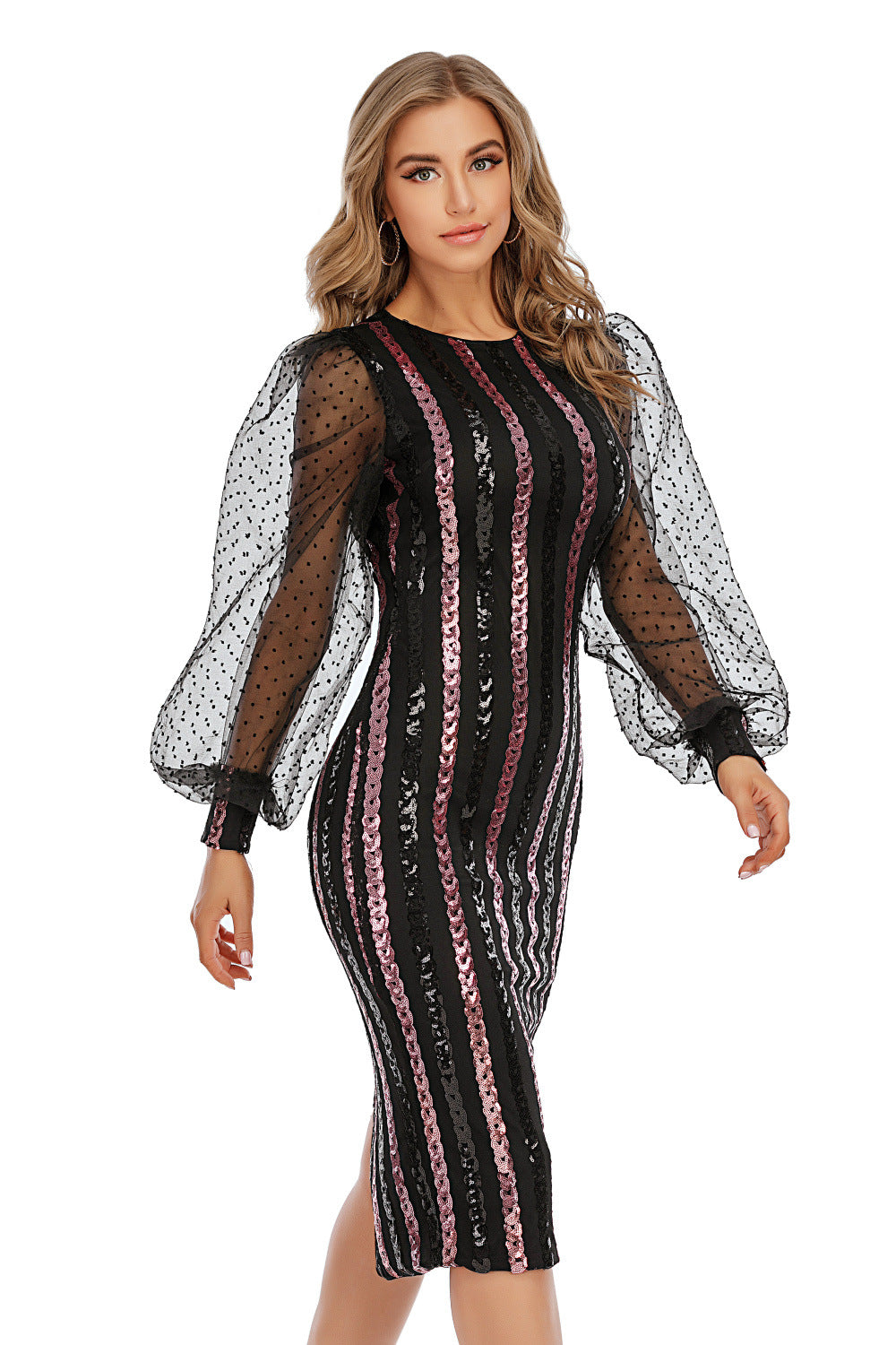 Women's Sexy Retro Mesh Long-sleeved Sequin Dress