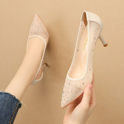 Korean Fashion Pointed Toe Rhinestone High Heels Mesh Stiletto Heel