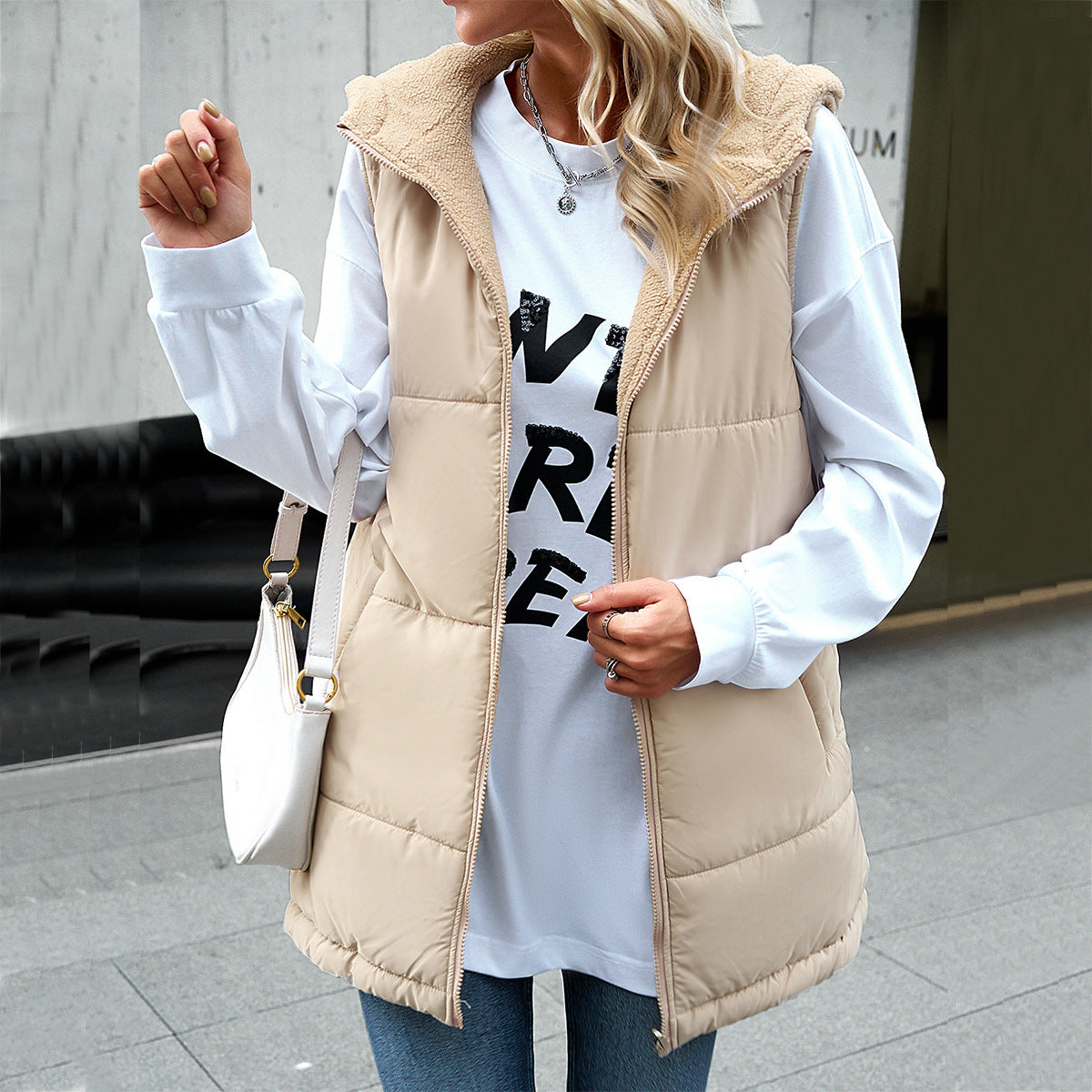 Winter Vest Women Loose Commuting Mid-length Hooded Cotton Jacket With Pockets Fashion Warm Zipper Fluffy Coat Outdoor Clothing