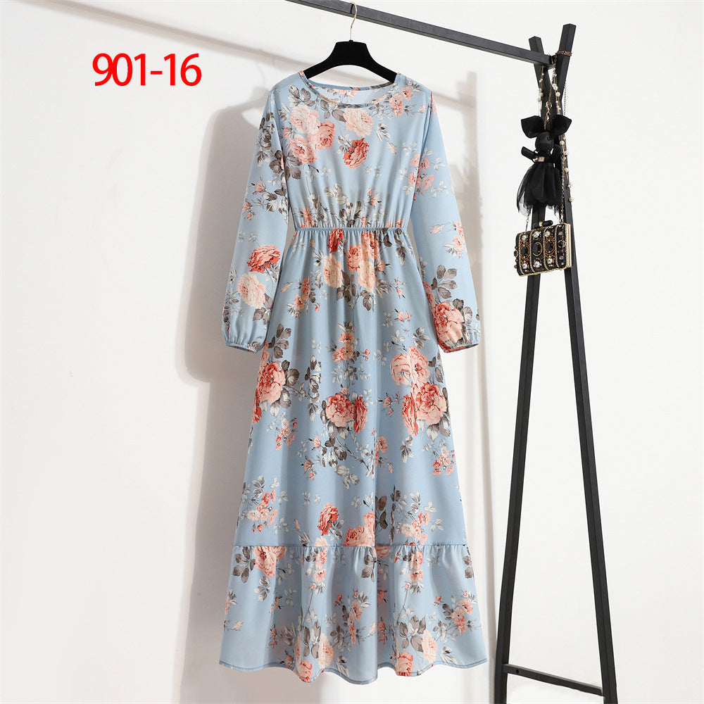 Women's Round Neck Long Sleeve Pullover Floral Dress