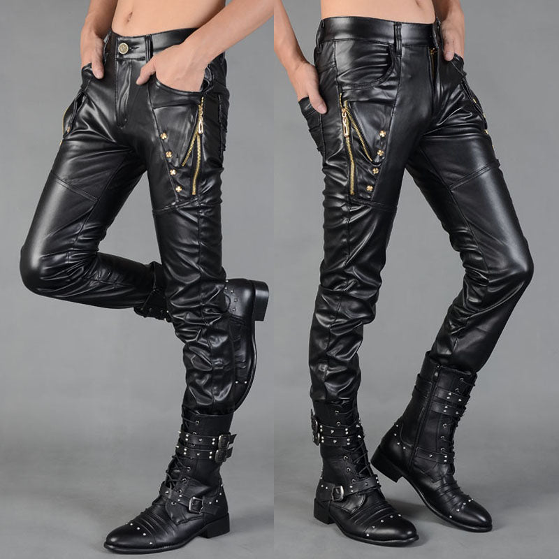 Men's Casual Autumn And Winter Men's Tight-fitting Zipper Stitching Leather Pants