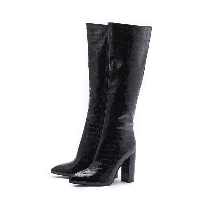 Fashion Boots Winter Pointed Toe High Square Heel Shoes With Side Zipper Mid-calf Boots Women - Glamour Gale