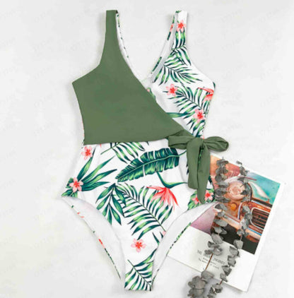 Sexy One Piece Swimsuit Printed Leaves Conservative Green Deep