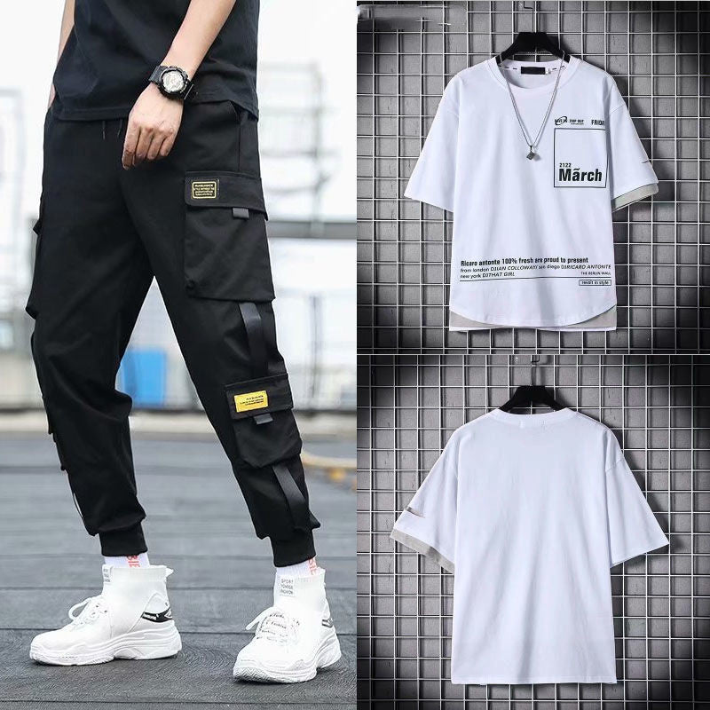 Two-piece Summer Men's Loose Hip-hop Overalls With Hood