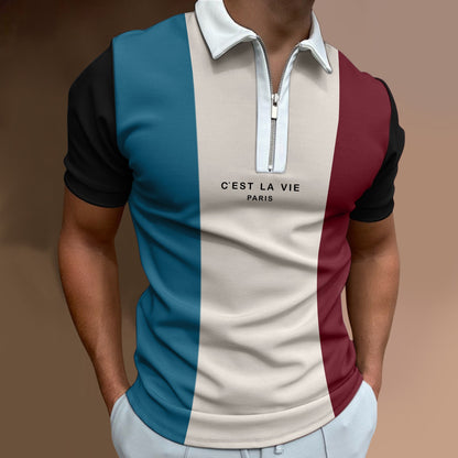 Men's Summer Polo Zipper Color Matching Sports Polo Shirt