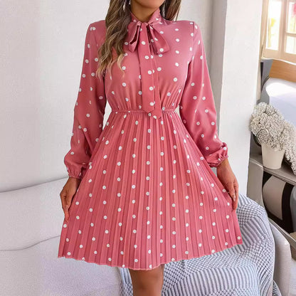 Women's Polka-dot Self-tie Waist-controlled Long Sleeves Pleated Skirt