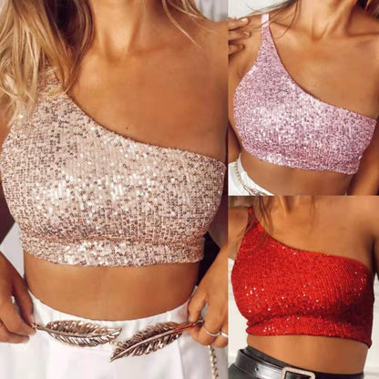 Camisole One-Shoulder Tube  Sequin Mini Tank Top