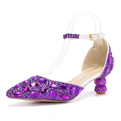 Low-top Summer New Blue Color Pointed Gourd Heel Rhinestone Multi-color Fashion Wedding Banquet Women's Shoes