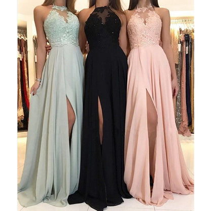 Halter Lace Chiffon Dress Prom Evening Dress Split Long Skirt