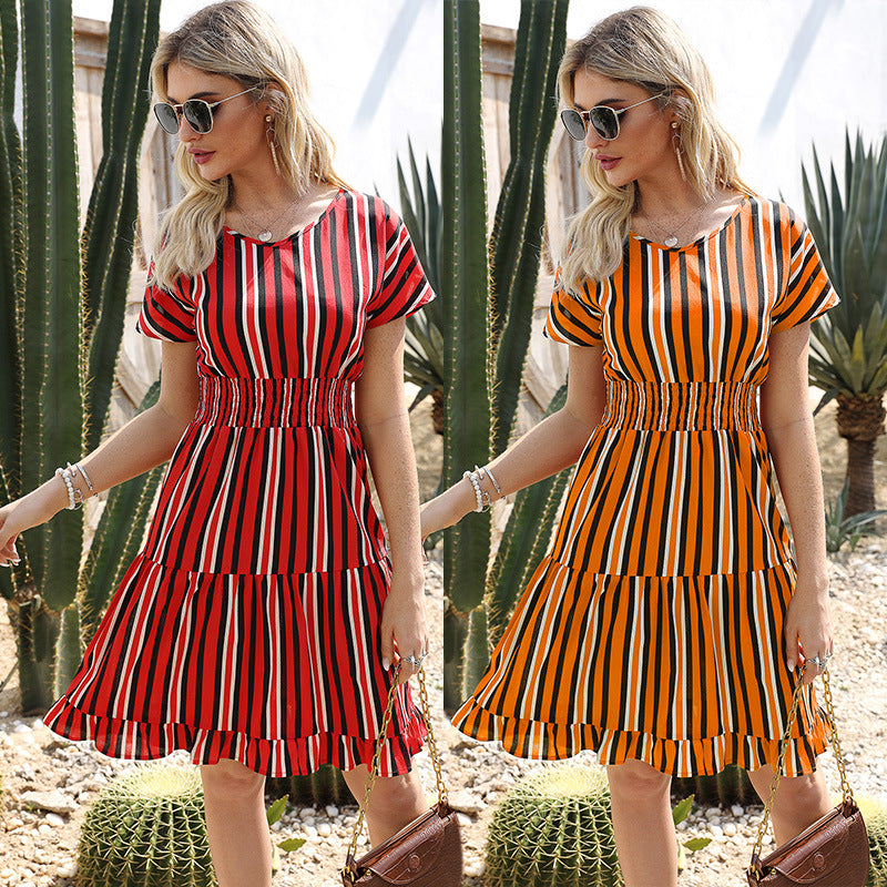 Multi-section stitching striped ruffle dress