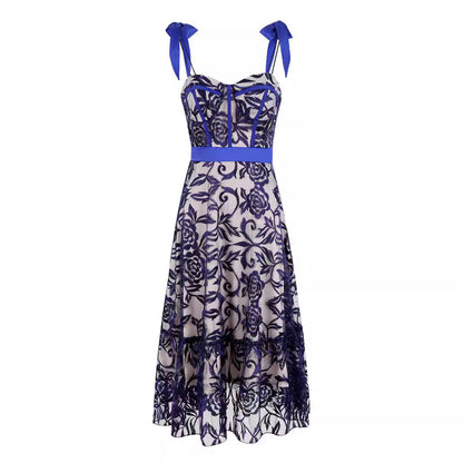 Blue Embroidered Printed Sling Backless Long Women's Dress