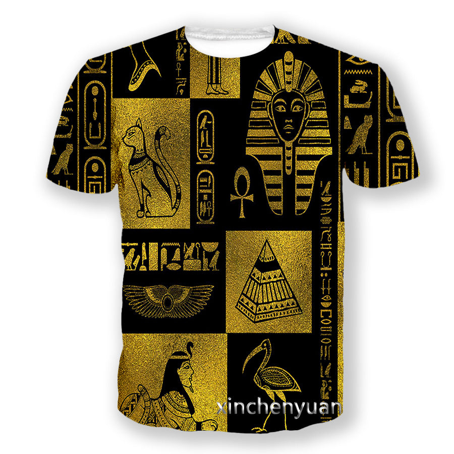 3D Digital Printing Egyptian Pharaoh Round Neck Short Sleeve