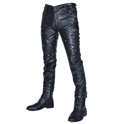 Men's Casual Autumn And Winter Men's Tight-fitting Zipper Stitching Leather Pants