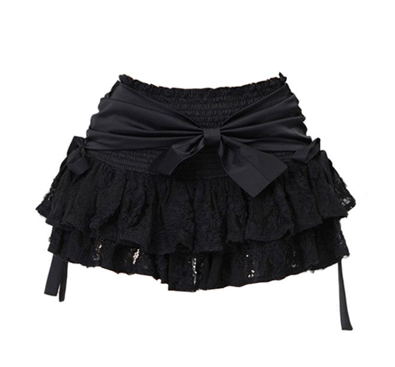 Black A-line Skirt Bow Lace Fluffy Skirt