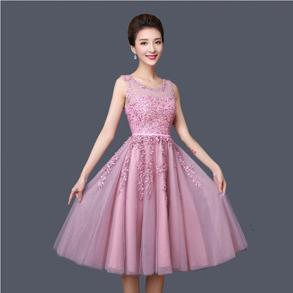 new mid-length pink evening dress banquet double shoulder graduation dress