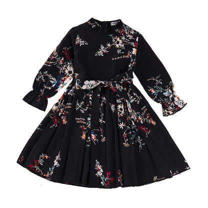 New Girls' Dress Long Sleeve Broken Flower Retro Pleated