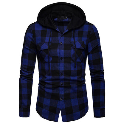 Spring and Autumn Plaid Casual Hooded Long Sleeve