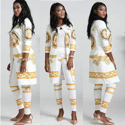 Ladies Fashion Print Suit Jacket And Leggings