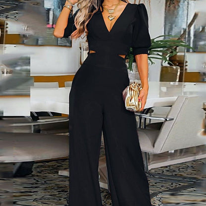 Fashion Women's Wear Puff Sleeve V-neck Loose Jumpsuit