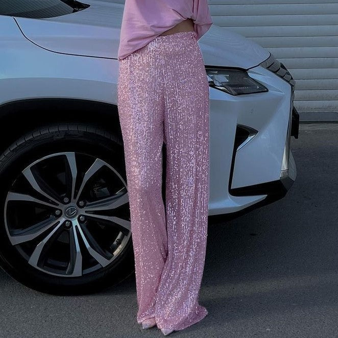 Pure Color Sequins Fashion Casual Straight Pants