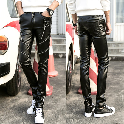 Men's Casual Autumn And Winter Men's Tight-fitting Zipper Stitching Leather Pants