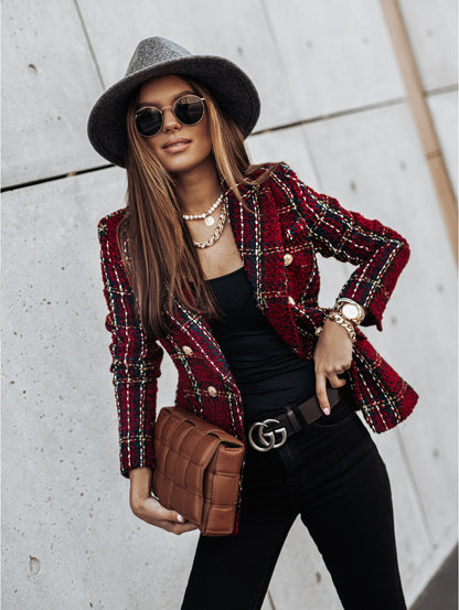 Long-sleeve Double-breasted Blazer-collar Print Jacket