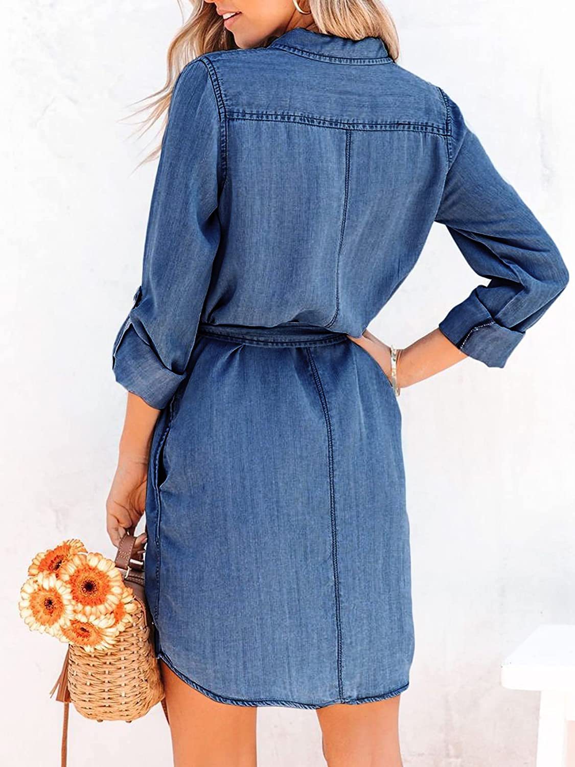 Women's Lapel Long Sleeve Lace-up Denim Dress