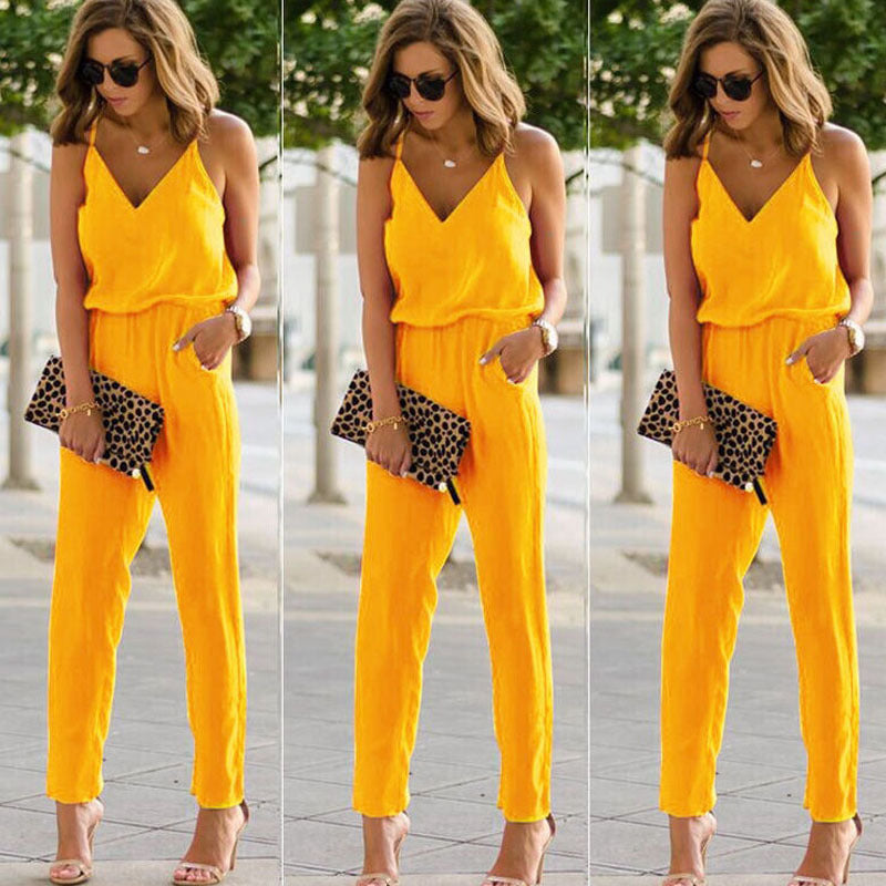 Amazon Summer Seamless V-neck Brace Jumpsuit New Sleeveless Solid Color Chiffon Trousers