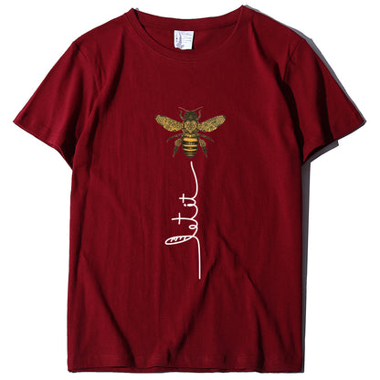 Bee And Letter Print Pattern Women's Loose T-shirt