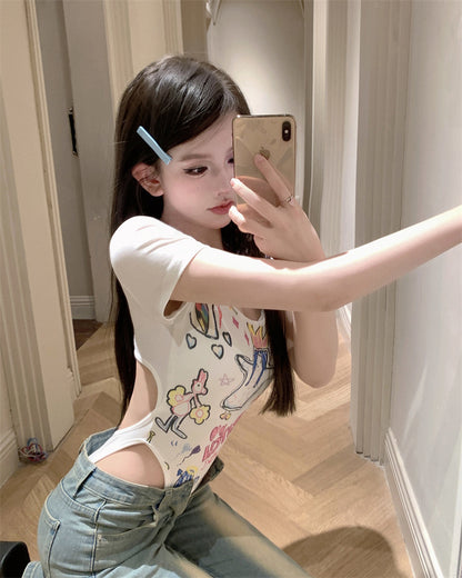 Hollow Out Cartoon Short Sleeve T-shirt Women's Summer Hot Girl Short