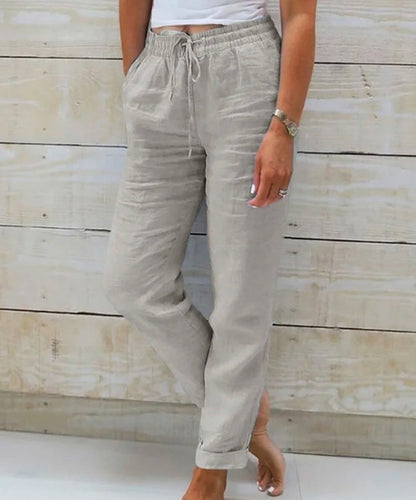 Cotton And Linen Women's High Waist Elastic Waist Solid Color Cotton And Linen Casual Pants