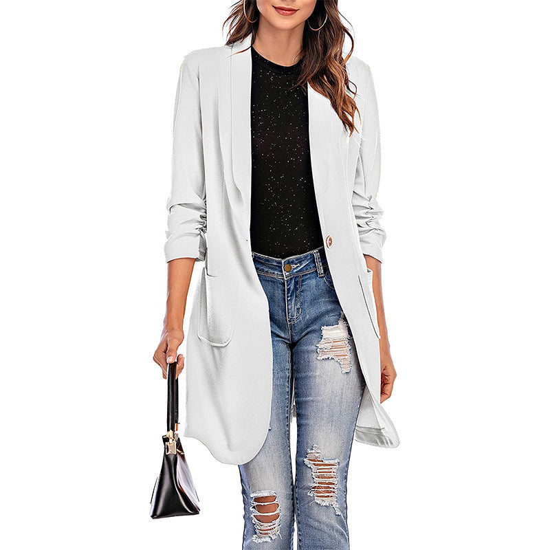 Three-quarter Sleeve Women's Long Pocket Coat Blazer