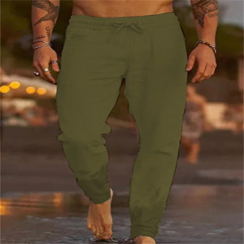 Men's Solid Color Drawstring Cotton Linen Loose Casual Beach Pants - Glamour Gale