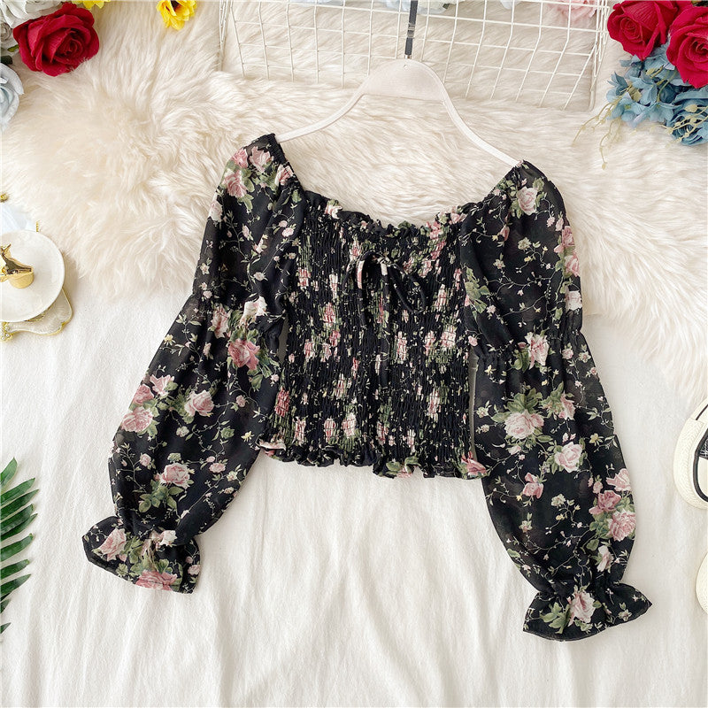 One-shoulder floral lace-up ruffled chiffon shirt