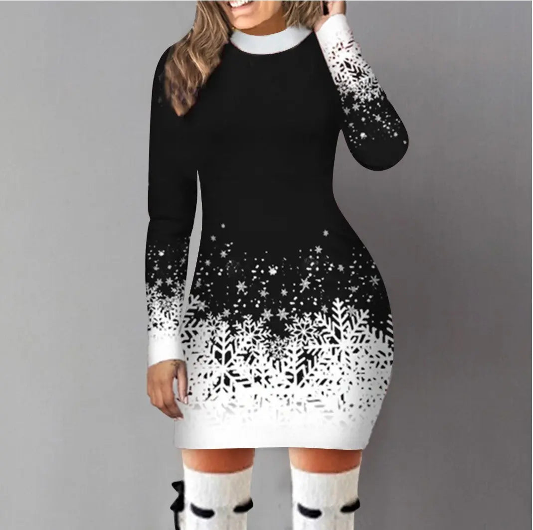 European And American Christmas Printed Long Sleeve Dress A-lineskirt Women Glamour Gale