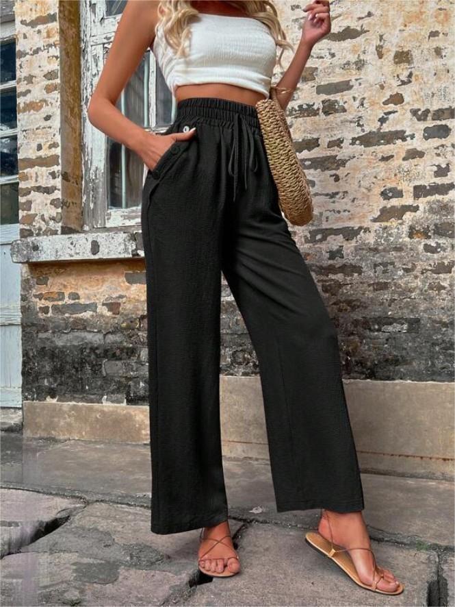 New Casual Pants With Pockets Elastic Drawstring High Waist Loose Trousers For Women