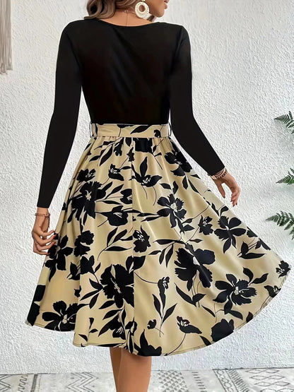 Floral Print Long Sleeve Dress Fashion Round Neck Tie Slim Dress Women's Clothing