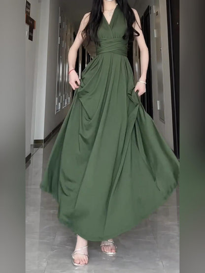 Plus Size Vintage Green V Neck Dress Women's