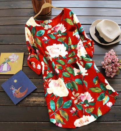 Cotton and linen dress female sweet print loose ladies skirt dress