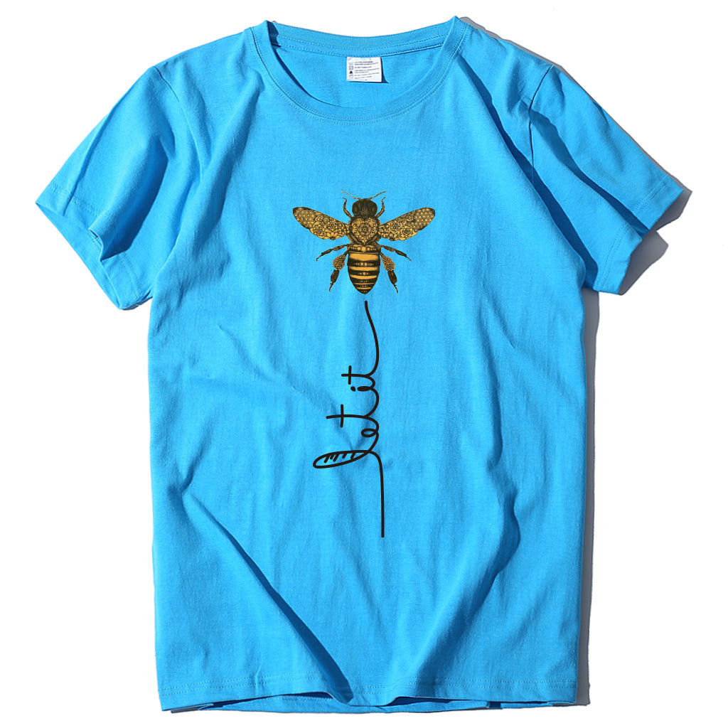 Bee And Letter Print Pattern Women's Loose T-shirt