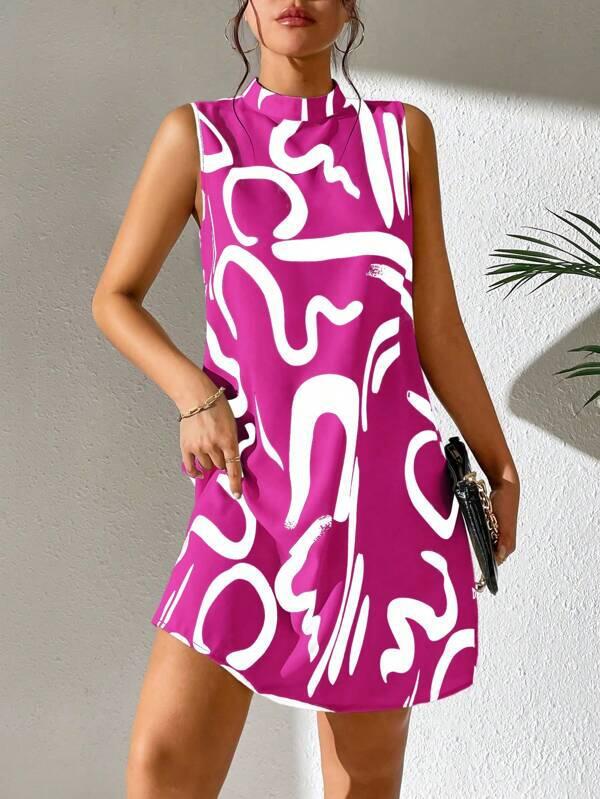 European And American Printed Stand Collar Dress