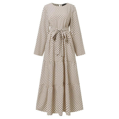 Women Polka Dot Long Sleeve Dress Stylish Belts Party Robe