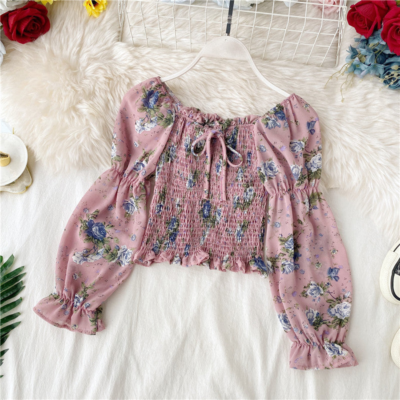 One-shoulder floral lace-up ruffled chiffon shirt