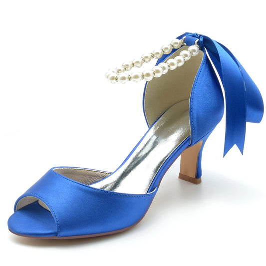 Chunky Heel Pearl Chain Ribbon High Heels Blue Hollow