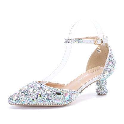 Low-top Summer New Blue Color Pointed Gourd Heel Rhinestone Multi-color Fashion Wedding Banquet Women's Shoes