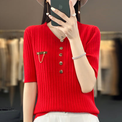 Women's Fashionable V-neck Solid Color Single-breasted Sweater Top