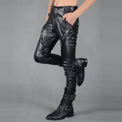 Men's Casual Autumn And Winter Men's Tight-fitting Zipper Stitching Leather Pants