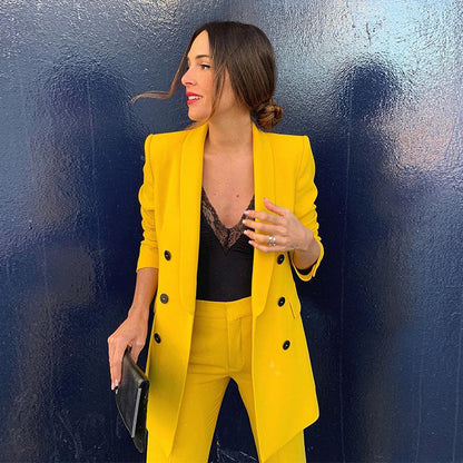 Lapel Long Sleeve Double Breasted Blazer Yellow Jacket