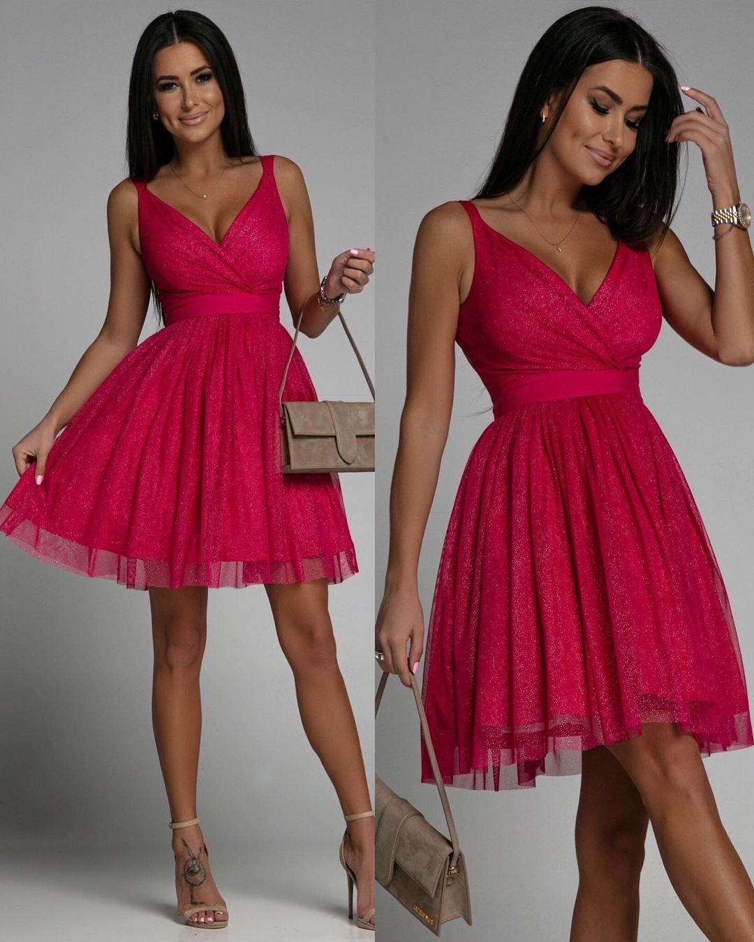 Women Elegant Glitter Sleeveless Deep V Neck Mesh Party Dress - Glamour Gale