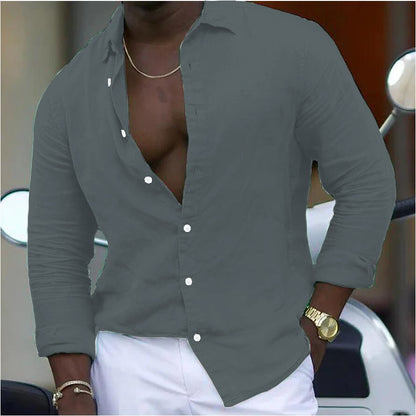 Cotton And Linen New Men's Long-sleeved Shirt Solid Color Casual Polo Collar Shirt